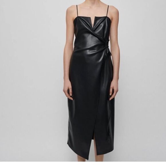 - Nanushka Anubi Asymmetrical Side-Tie Vegan Leather Brick Midi Dress, L - Picture 11 of 12